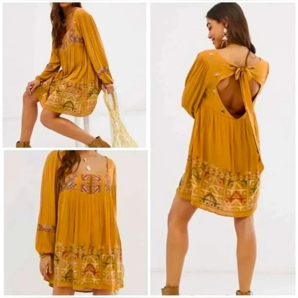 NWT Free People Mustard Yellow Bishop Sleeve Sundress Embroidered Small Mini